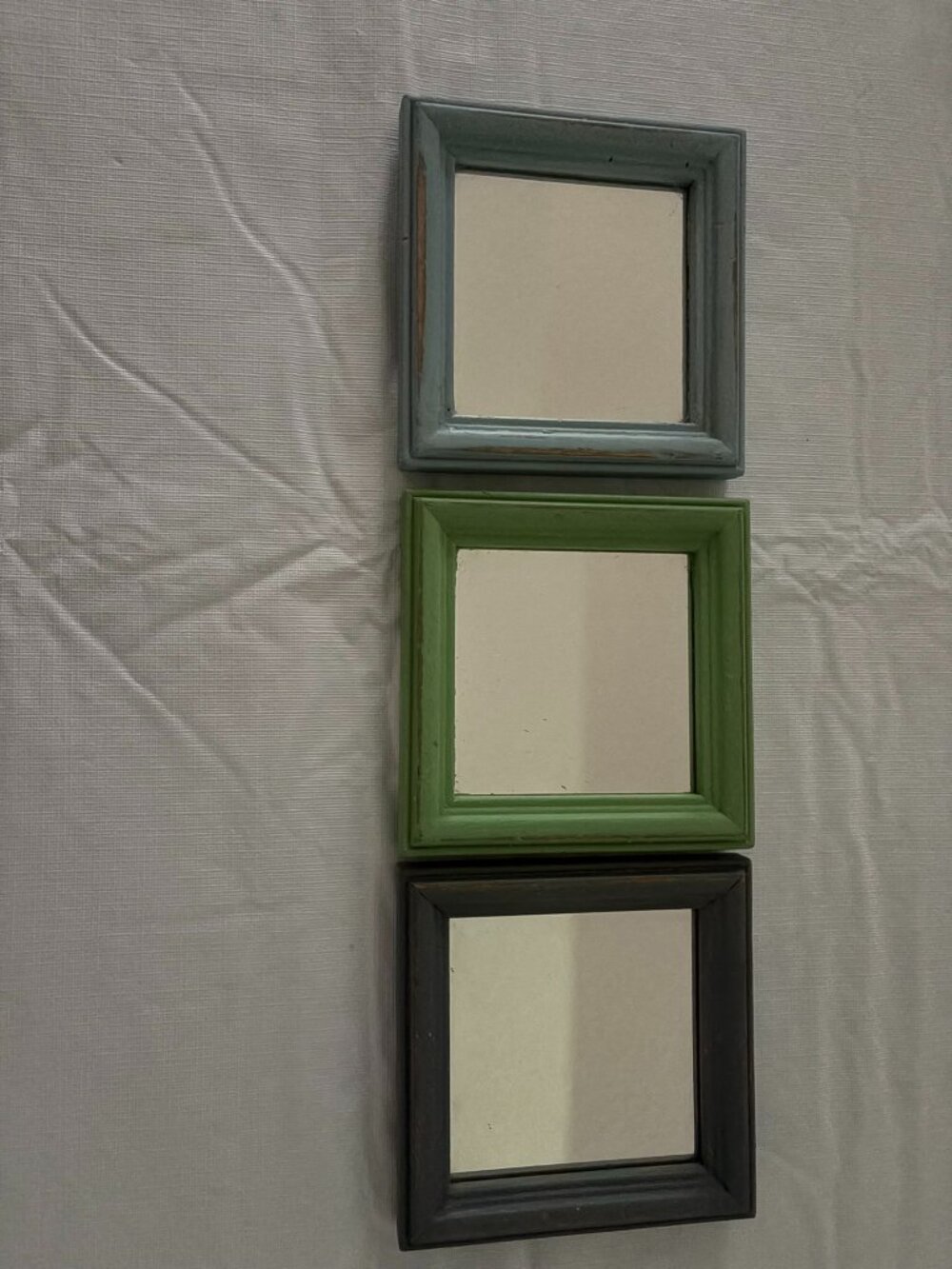 Set of 3 vintage 5" x 5" mirrors, light blue, country blue, and lime green